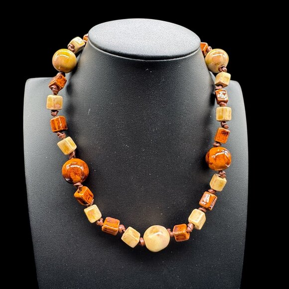 Beaded Necklace Stones Minerals Beige and Rust Colours Knotted Handmade - Picture 1 of 5